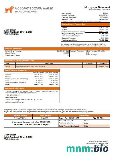 Gruzja Bank of Georgia wyciąg z kredytu hipotecznego szablon Word i PDF